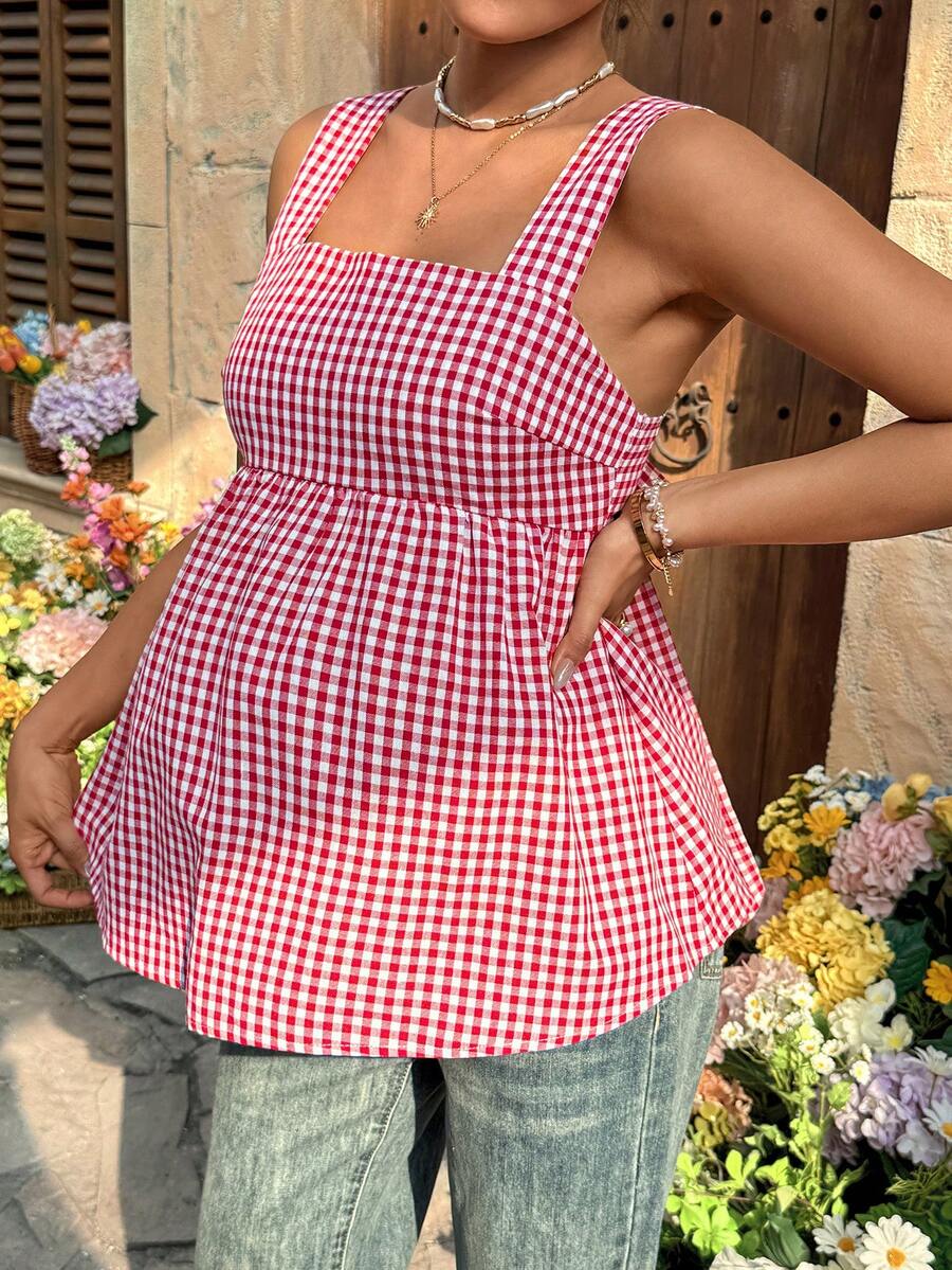 Maternity Backless Plaid Print Strappy Cami Dress Light Blue Sleeveless Holiday Flare Dress for Summer Vacations