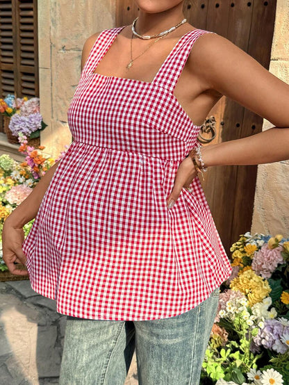 Maternity Backless Plaid Print Strappy Cami Dress Light Blue Sleeveless Holiday Flare Dress for Summer Vacations