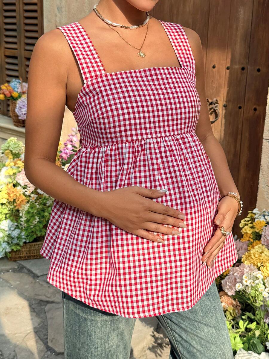Maternity Backless Plaid Print Strappy Cami Dress Light Blue Sleeveless Holiday Flare Dress for Summer Vacations