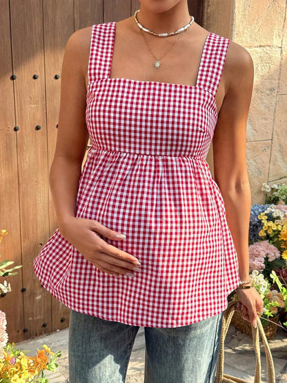 Maternity Backless Plaid Print Strappy Cami Dress Light Blue Sleeveless Holiday Flare Dress for Summer Vacations