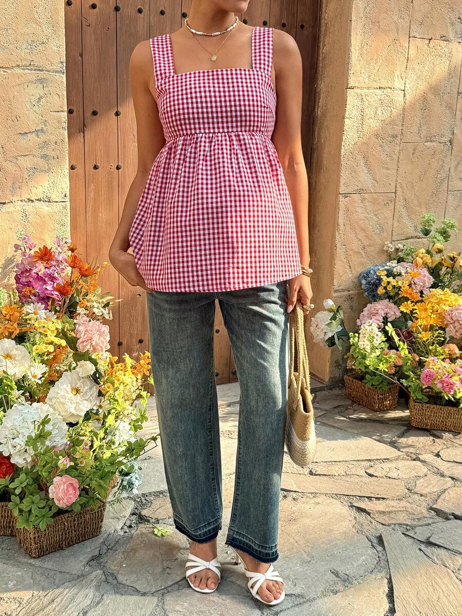 Maternity Backless Plaid Print Strappy Cami Dress Light Blue Sleeveless Holiday Flare Dress for Summer Vacations