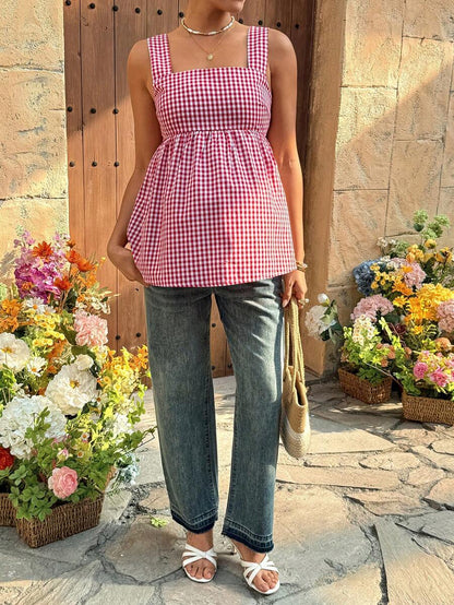 Maternity Backless Plaid Print Strappy Cami Dress Light Blue Sleeveless Holiday Flare Dress for Summer Vacations
