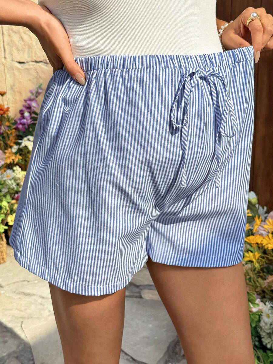 Maternity Striped Mini Shorts - Bow Front, Loose Fit, Ultra High Waist, Blue and White