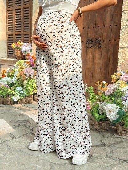 Leopard Print Wide Leg Maternity Pants Ultra High Waist Loose Fit Apricot Boho Flowy Long Trousers for Pregnancy Casual Vacation