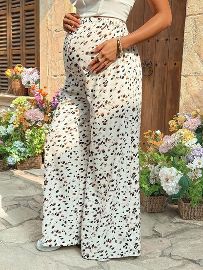 Leopard Print Wide Leg Maternity Pants Ultra High Waist Loose Fit Apricot Boho Flowy Long Trousers for Pregnancy Casual Vacation