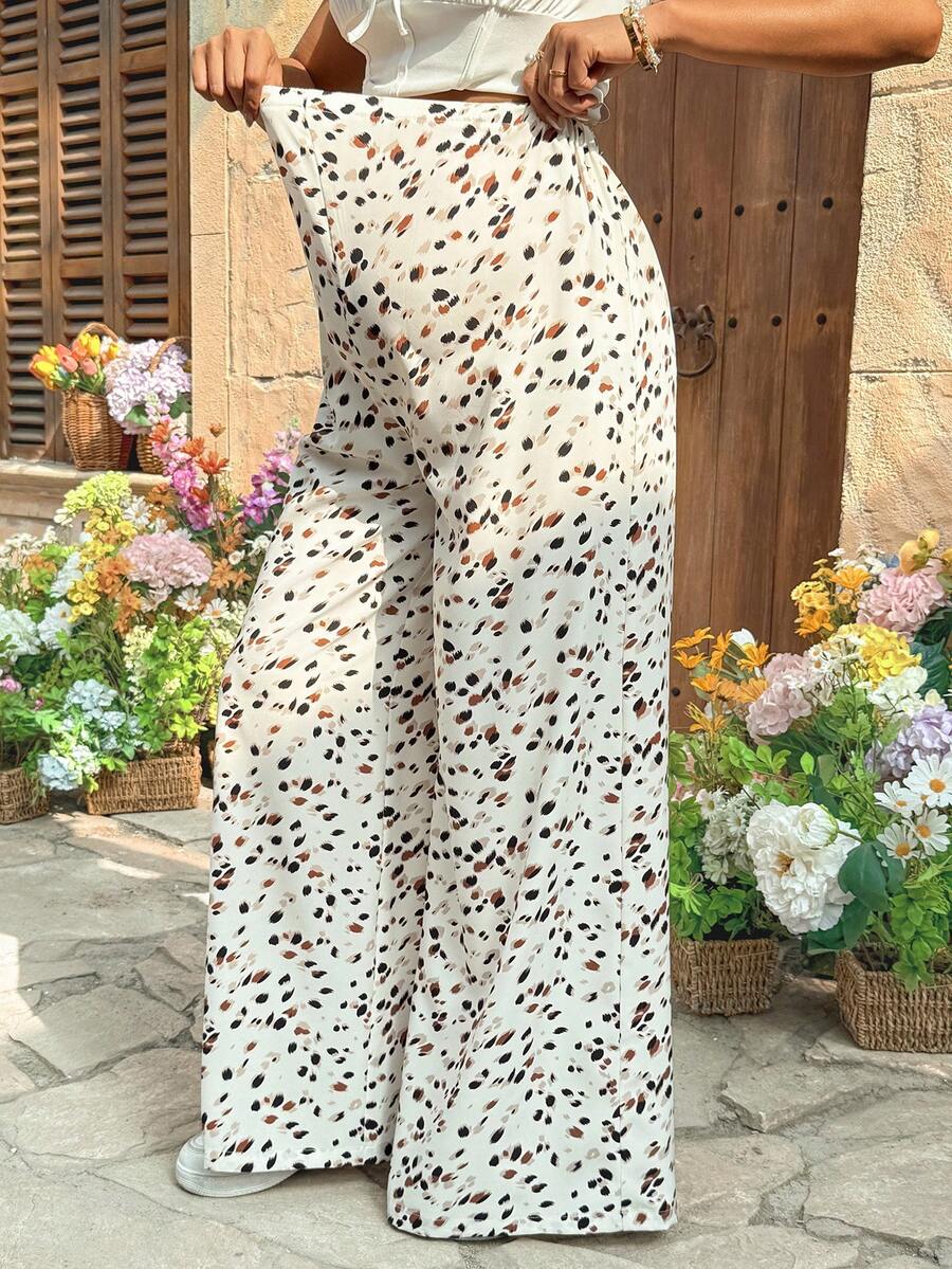 Burgundy Boho Allover Print Maternity Palazzo Pants - Adjustable Ultra High Waist Wide Leg Trousers - Loose Fit Long Woven Vacation Pants