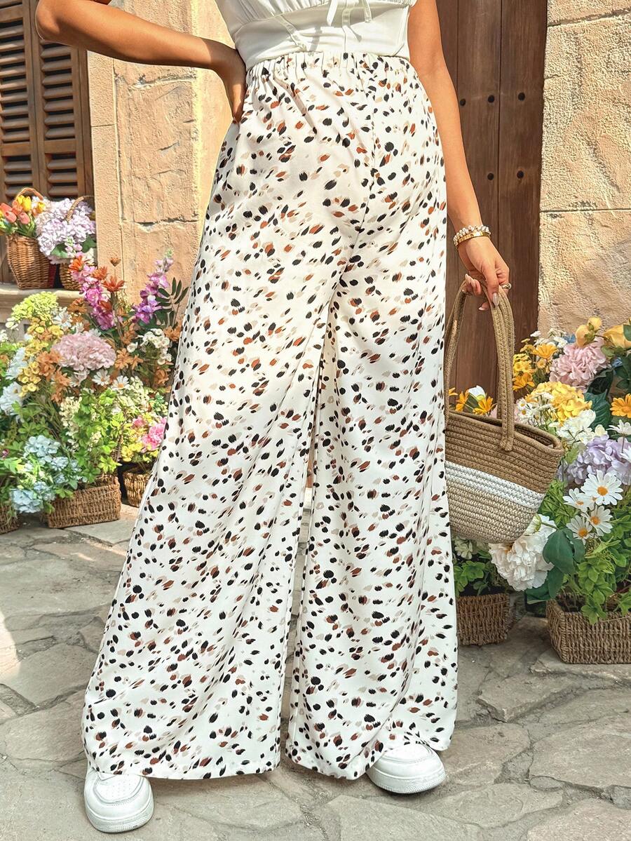 Leopard Print Wide Leg Maternity Pants Ultra High Waist Loose Fit Apricot Boho Flowy Long Trousers for Pregnancy Casual Vacation