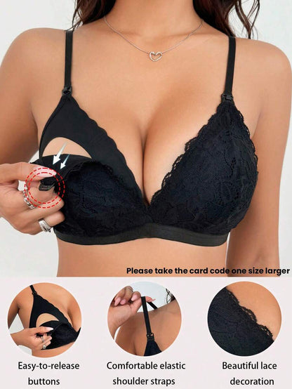 Maternity Black Lace Nursing Bra - Wireless Soft Knit Comfort Bralette with Adjustable Straps and Medium Stretch