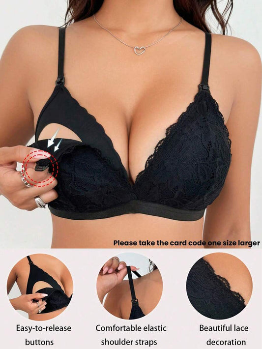 Maternity Black Lace Nursing Bra - Wireless Soft Knit Comfort Bralette with Adjustable Straps and Medium Stretch
