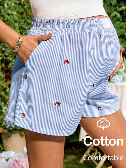 Maternity Striped Strawberry Embroidery Shorts Blue and White Ultra High Elastic Waist Loose Fit Wide Leg Summer Vacation Casual Shorts