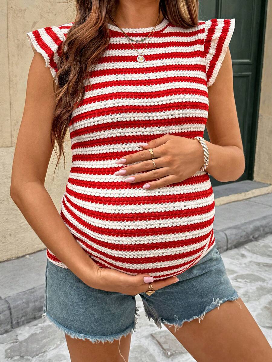 Blue and White Striped Maternity Ruffle Sleeve T-Shirt Slim Fit Round Neck Summer Casual Vacation Pregnancy Top