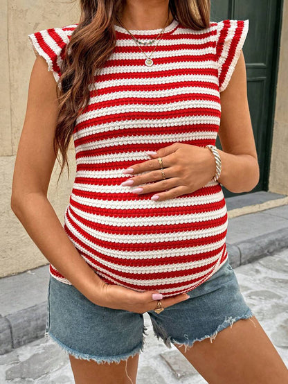 Coffee Brown Striped Maternity Top with Ruffle Cap Sleeves - Slim Fit Knitted Summer Pregnancy T-Shirt for Casual Outfits and Night Out