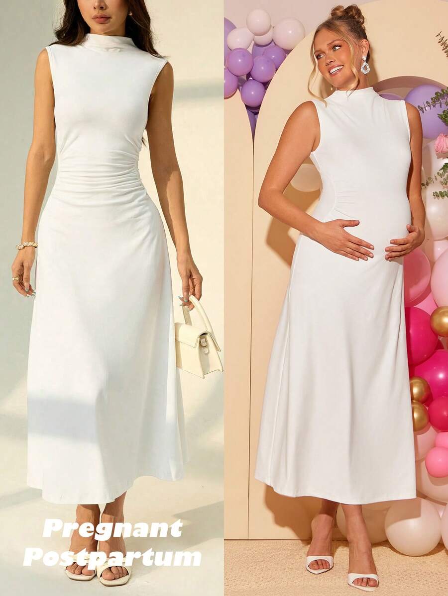 Maternity Elegant High Neck Sleeveless A-Line Dress Slim Fit Knitted Solid Blue Maxi Dress for Night Out and Formal Events