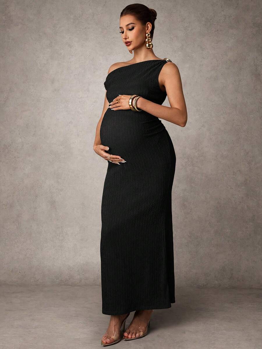 Maternity Casual Oblique Shoulder Sleeveless Long Dress Elegant Dresses Baby Shower Pregnancy Photoshoot Green Pregnant Bump Friendly