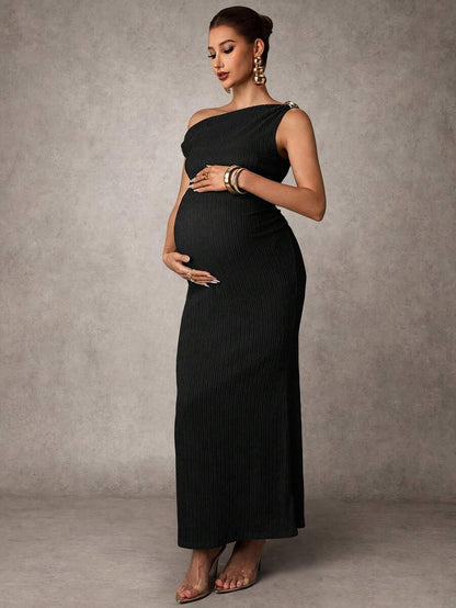 Maternity Casual Oblique Shoulder Sleeveless Long Dress Elegant Dresses Baby Shower Pregnancy Photoshoot Green Pregnant Bump Friendly