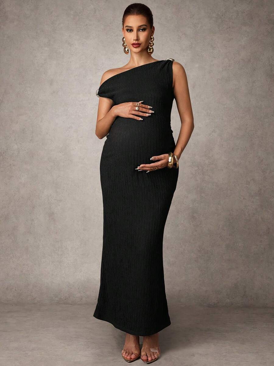 Maternity Casual Oblique Shoulder Sleeveless Long Dress Elegant Dresses Baby Shower Pregnancy Photoshoot Green Pregnant Bump Friendly