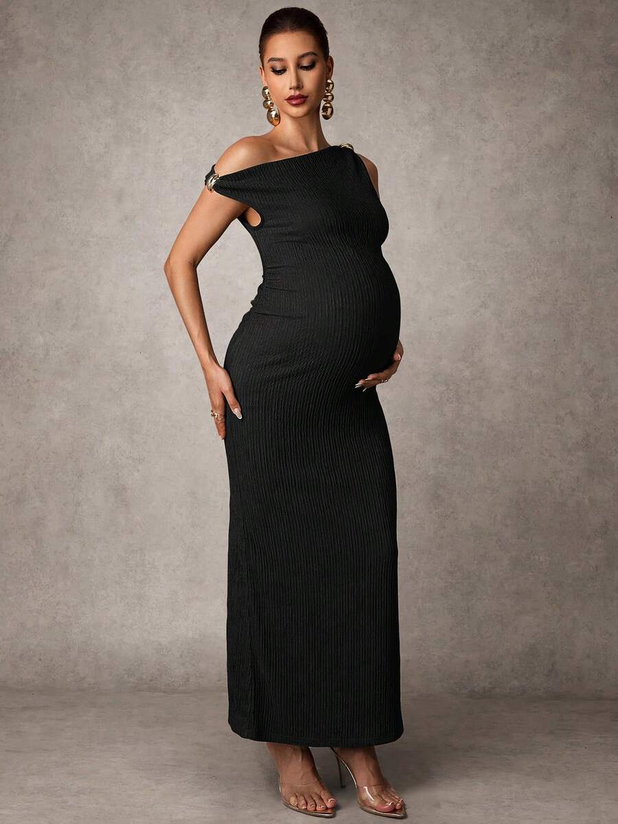 Maternity Casual Oblique Shoulder Sleeveless Long Dress Elegant Dresses Baby Shower Pregnancy Photoshoot Green Pregnant Bump Friendly