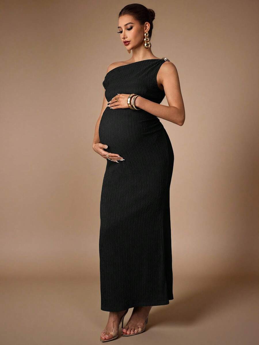 Maternity Casual Oblique Shoulder Sleeveless Long Dress Elegant Dresses Baby Shower Pregnancy Photoshoot Green Pregnant Bump Friendly
