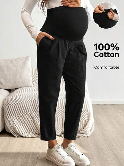Maternity Tapered Pants - Adjustable Ultra High Waist, Cotton, Black