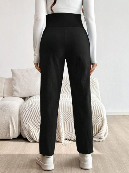 Maternity Tapered Pants - Adjustable Ultra High Waist, Cotton, Black