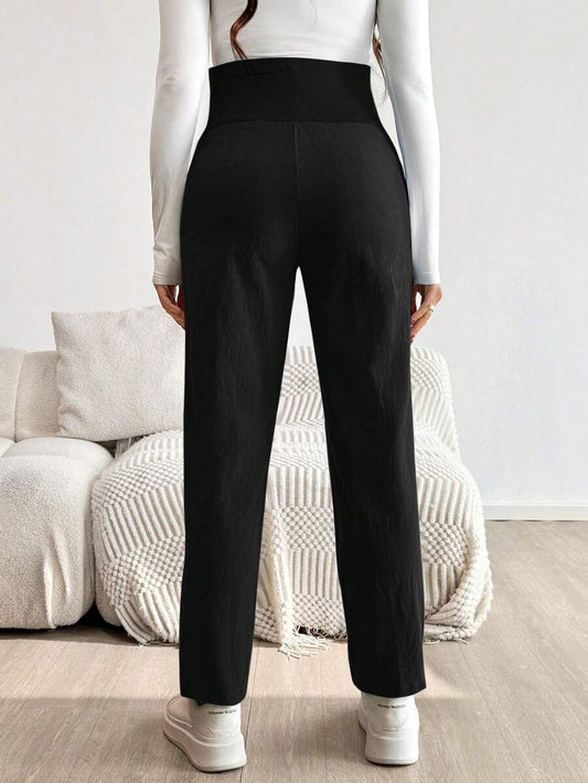 Maternity Tapered Pants - Adjustable Ultra High Waist, Cotton, Black