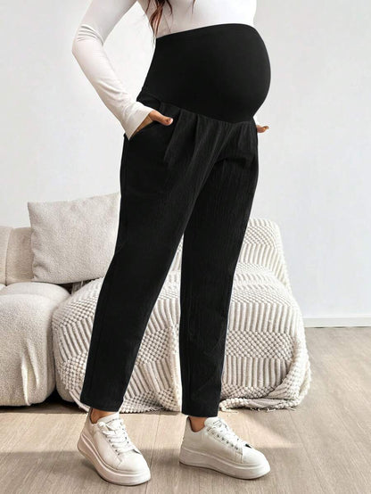 Maternity Tapered Pants - Adjustable Ultra High Waist, Cotton, Black
