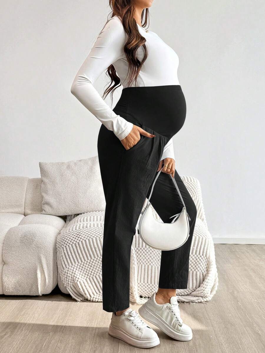Maternity Tapered Pants - Adjustable Ultra High Waist, Cotton, Green