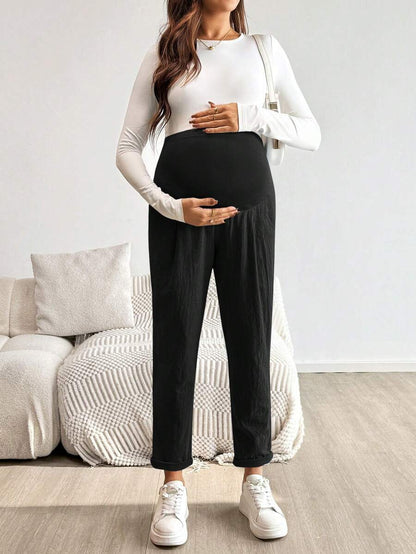Maternity Tapered Pants - Adjustable Ultra High Waist, Apricot, Daily Commute