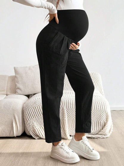 Maternity Tapered Pants - Adjustable Ultra High Waist, Apricot, Daily Commute