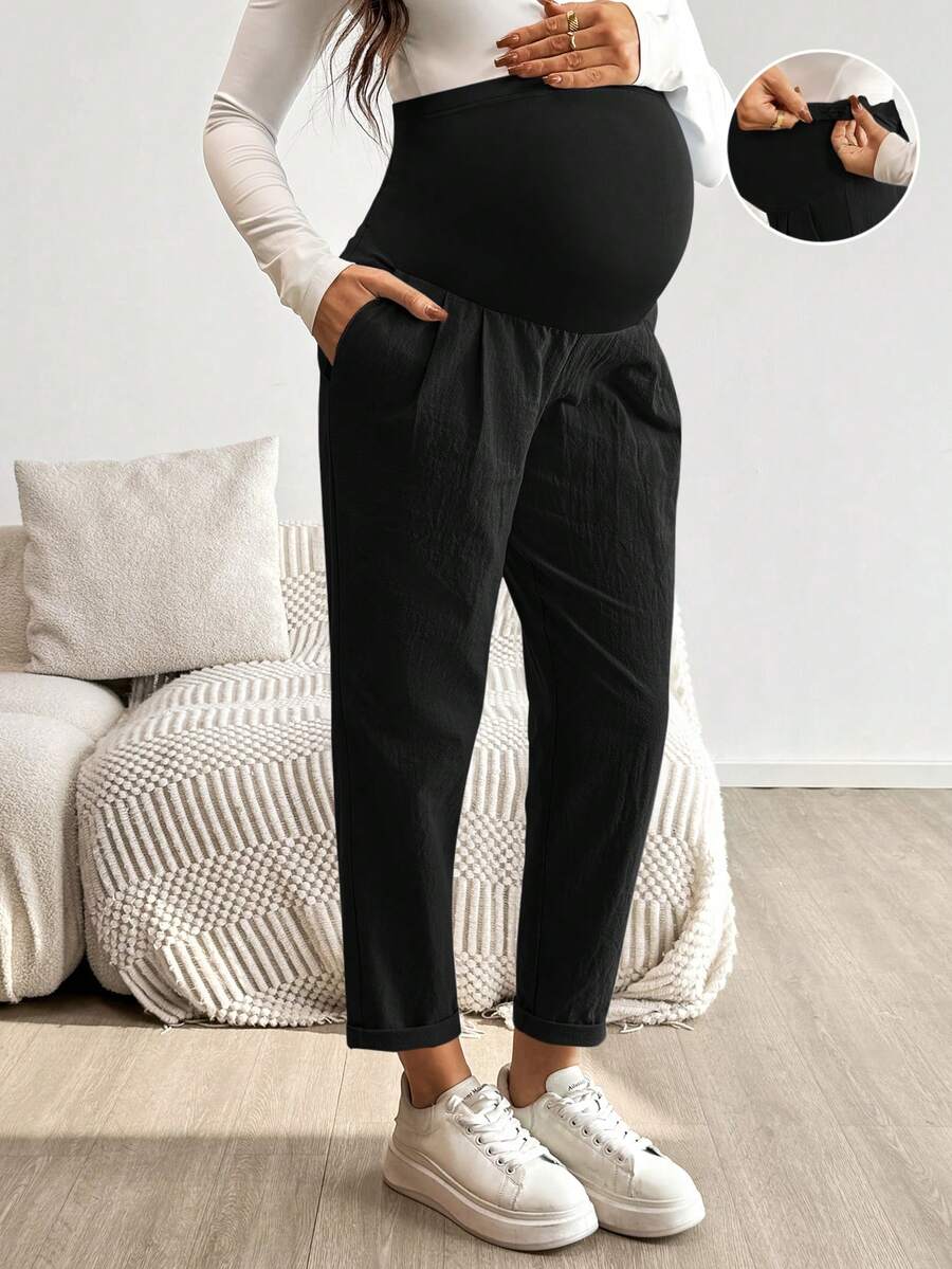 Maternity Tapered Pants - Adjustable Ultra High Waist, Apricot, Daily Commute