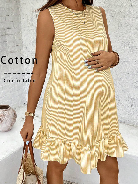 Yellow Cotton Pinstriped Sleeveless Maternity Summer Dress - Cute Round Neck Ruffle Hem Smock Sundress for Vacation and Casual Wear