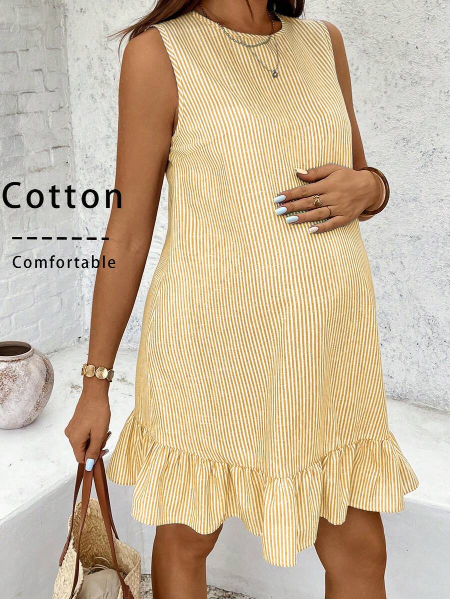 Maternity Casual Striped Ruffle Hem Sleeveless Dress Cotton V Neck Short Summer Sundress for Work Beach and Daily Wear Navy Blue
