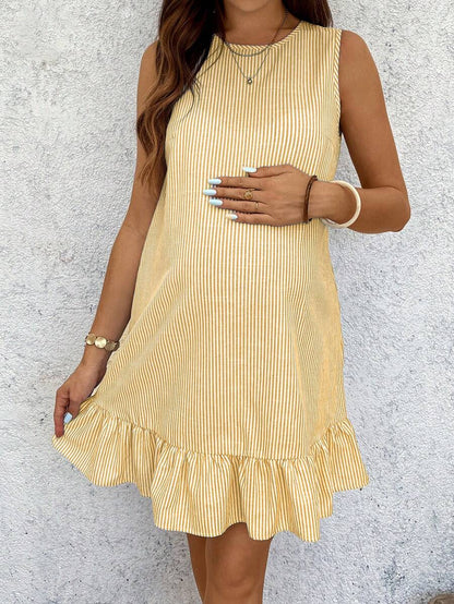 Yellow Cotton Pinstriped Sleeveless Maternity Summer Dress - Cute Round Neck Ruffle Hem Smock Sundress for Vacation and Casual Wear