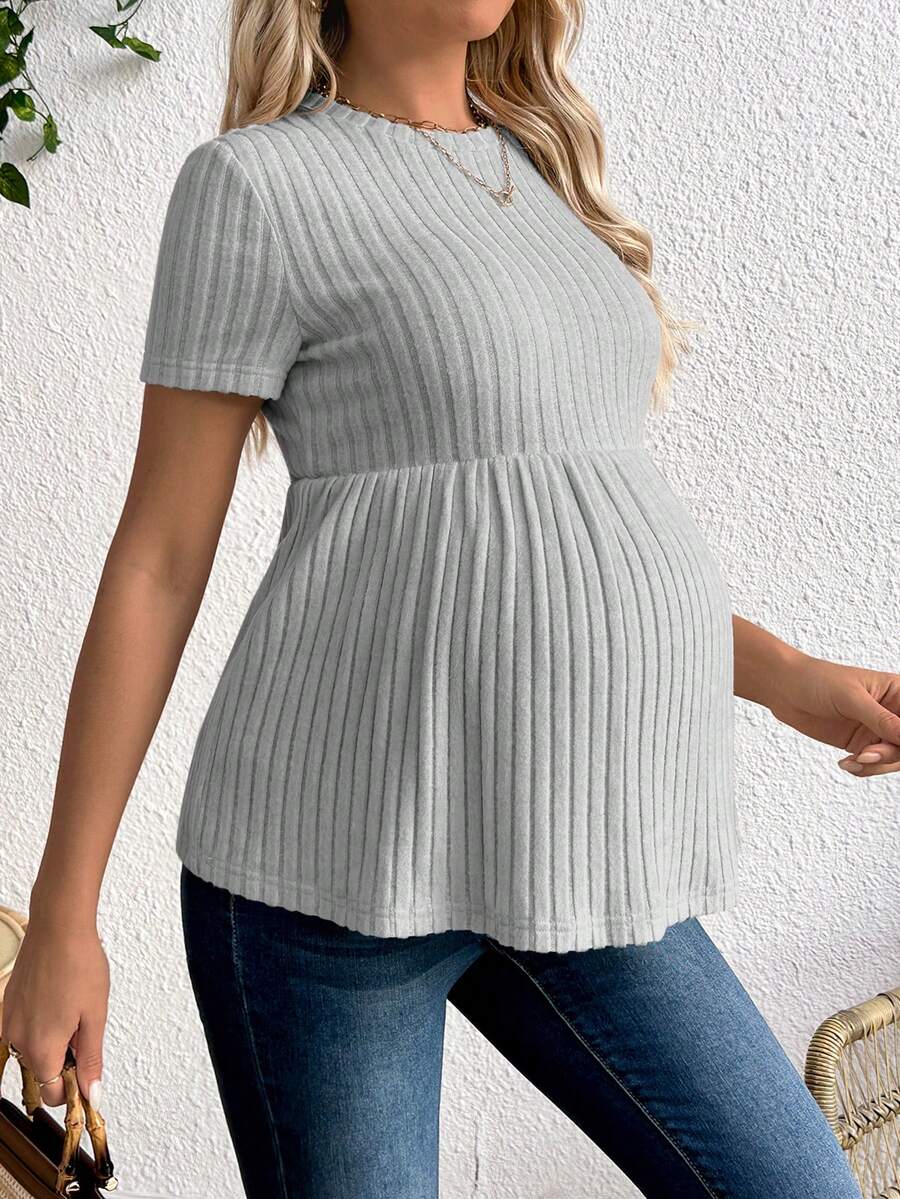 Maternity Rib Knit Ruffle Hem Top Black Round Neck Short Sleeve Slim Fit Casual Flared Tee Shirt for Daily Wear