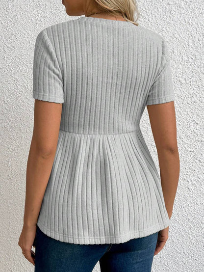 Maternity Rib Knit Ruffle Hem Top Black Round Neck Short Sleeve Slim Fit Casual Flared Tee Shirt for Daily Wear