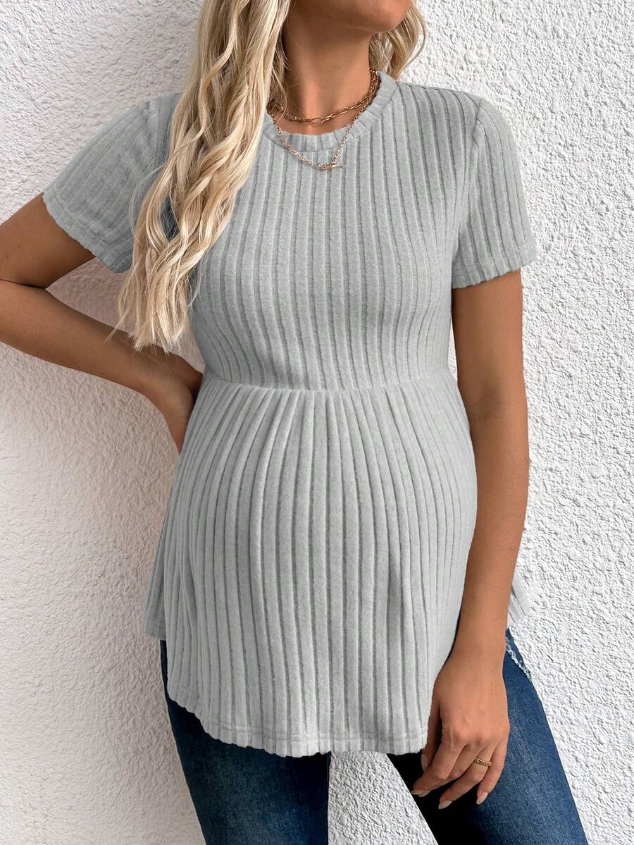 Maternity Rib Knit Ruffle Hem Top Black Round Neck Short Sleeve Slim Fit Casual Flared Tee Shirt for Daily Wear