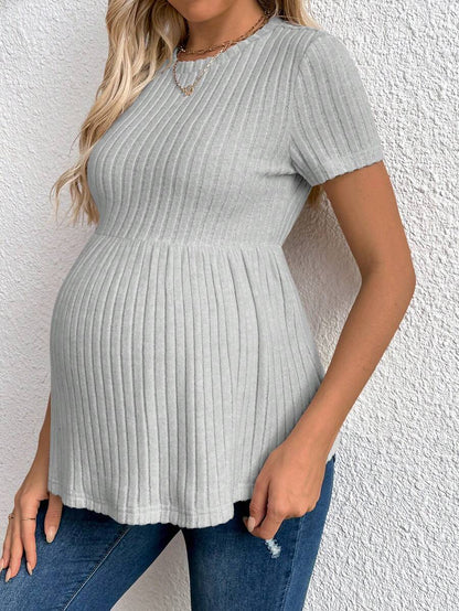 Maternity Rib Knit Ruffle Hem Top Black Round Neck Short Sleeve Slim Fit Casual Flared Tee Shirt for Daily Wear