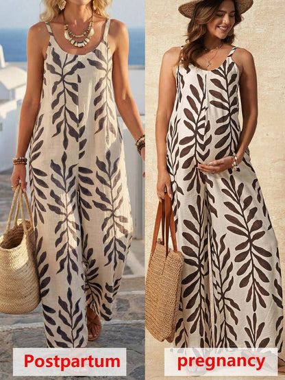 Maternity Jumpsuit - Tropical Print Square Neck Sleeveless, Apricot