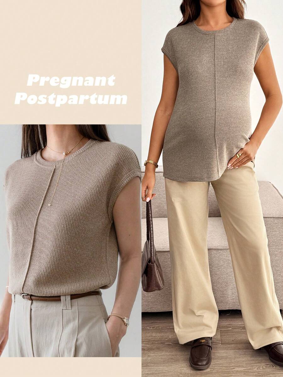 Maternity Round Neck Tee - Batwing Cap Sleeve, Loungewear, Medium Stretch, Coffee Brown