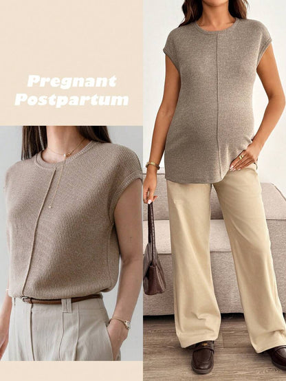 Maternity Round Neck Tee - Batwing Cap Sleeve, Loungewear, Medium Stretch, Coffee Brown