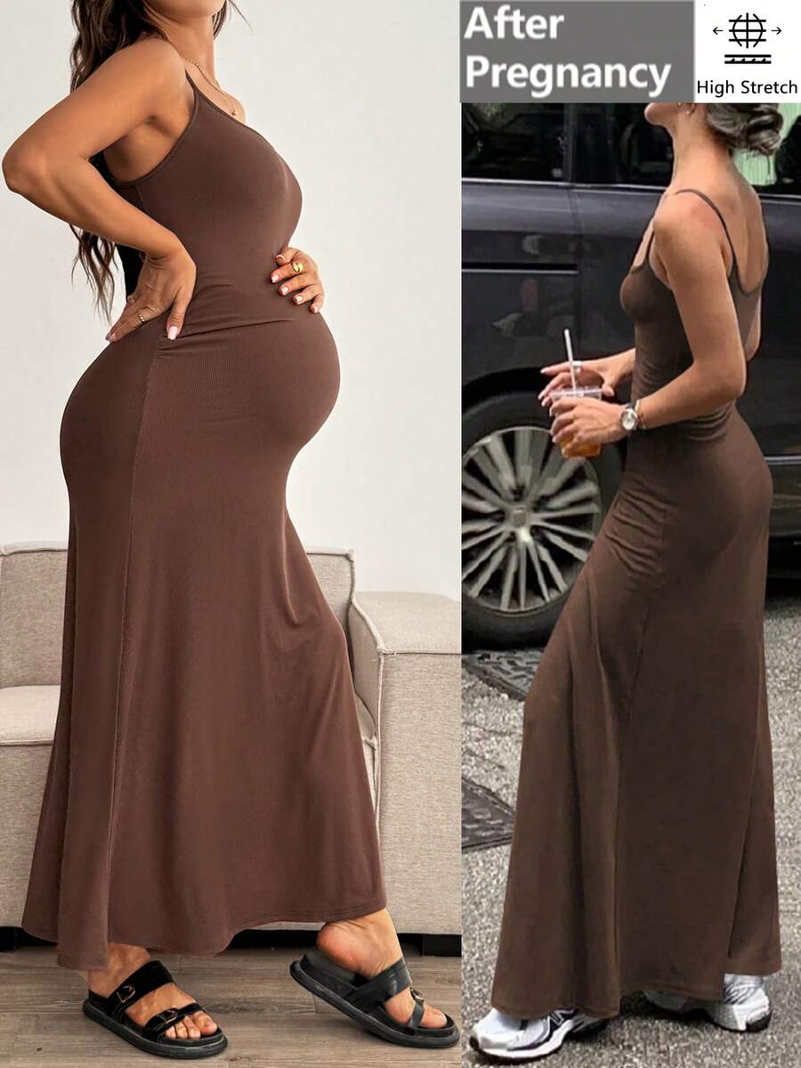 Maternity Solid Color Mermaid Hem Fitted Camisole Dress