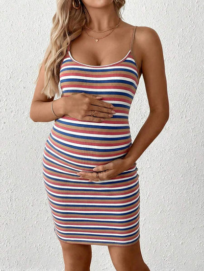 Multicolor Striped Maternity Bodycon Mini Dress - Sleeveless Backless Spaghetti Strap Slim Fit Summer Pregnancy Cami Pencil Dress