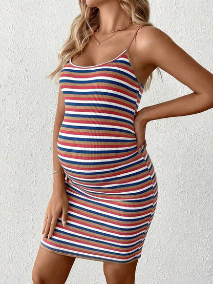 Multicolor Striped Maternity Bodycon Mini Dress - Sleeveless Backless Spaghetti Strap Slim Fit Summer Pregnancy Cami Pencil Dress