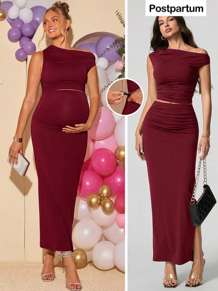 2 Piece Maternity Set Elegant Burgundy Asymmetrical Neck Cropped Top and Adjustable High Waist Skirt for Baby Shower Gender Reveal and Wedding Guest