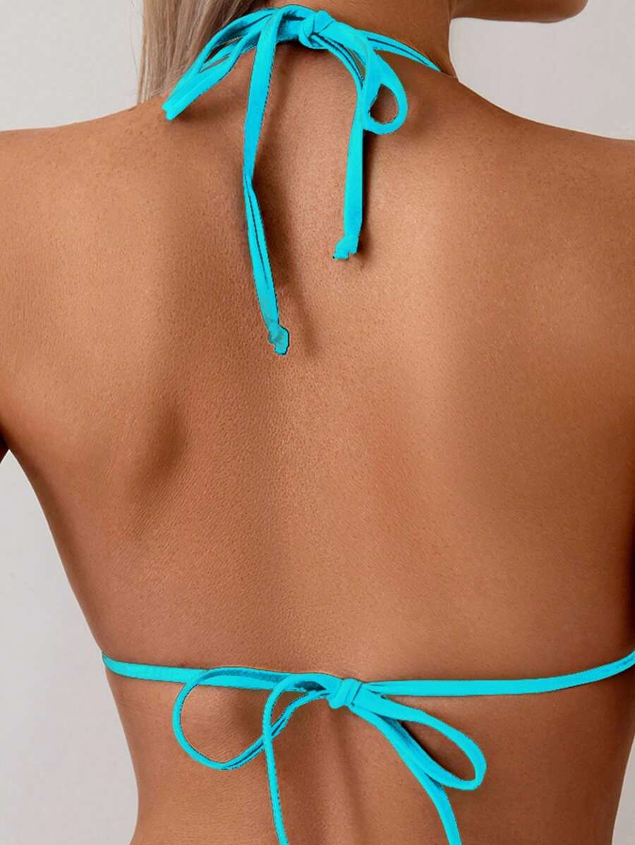 Women's 2-Piece Halter Bikini Set - Wave Ruffle, Metal Pendant, Tie Back, Black