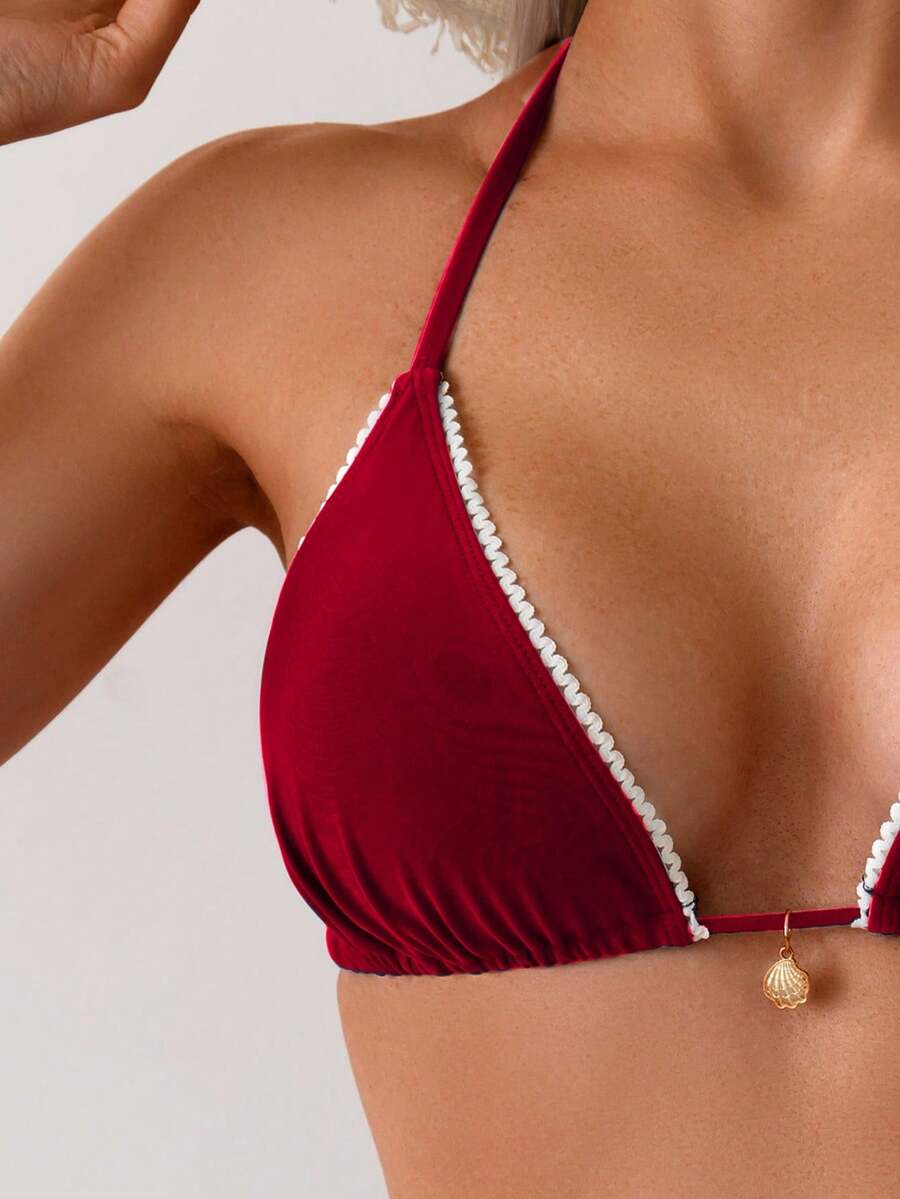 Women's 2-Piece Halter Bikini Set - Wave Ruffle, Metal Pendant, Tie Back, Black
