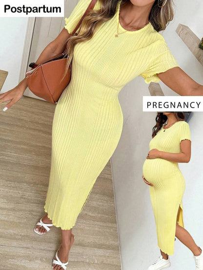 Maternity Short Sleeve Side Slit Midi Dress Elegant Slim Fit Round Neck Bodycon Knitted Dress for Summer Holiday and Spring Break