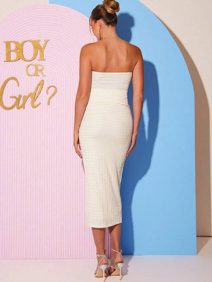Maternity Apricot Bandeau Top and Ruched Hem Long Skirt 2 Piece Set for Baby Shower Gender Reveal and Photoshoot