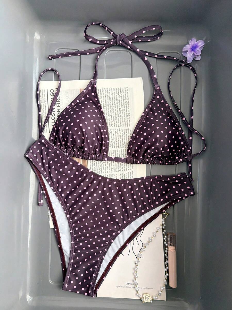 Swim Vcay 2026 Spring/Summer Women's Spaghetti Strap Halter Neck Black Base White Polka Dot Random Print Sweet Cute Side High Cut Bikini Swimwear 2-Piece Set Vacation Bikini Set Pink Bikini Set High Leg Bikini Set Modest Bikini Set Bikini Set