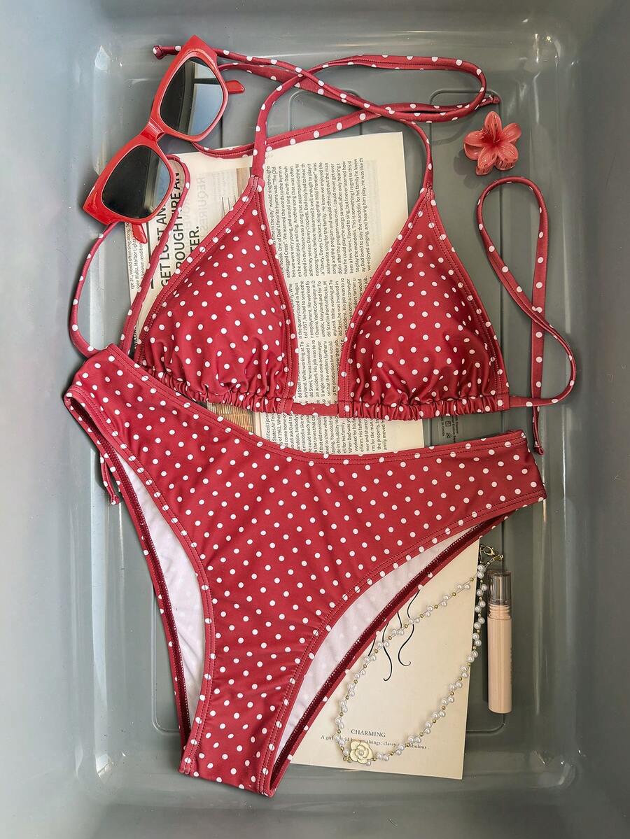 Swim Vcay 2026 Spring/Summer Women's Spaghetti Strap Halter Neck Black Base White Polka Dot Random Print Sweet Cute Side High Cut Bikini Swimwear 2-Piece Set Vacation Bikini Set Pink Bikini Set High Leg Bikini Set Modest Bikini Set Bikini Set